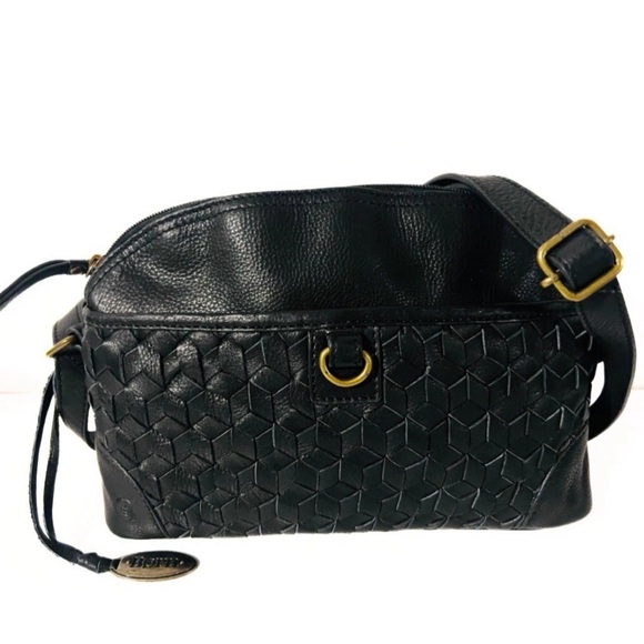Born Genuine Leather Black Pebbled Small Crossbody Bag Woven Accent - Picture 1 of 13